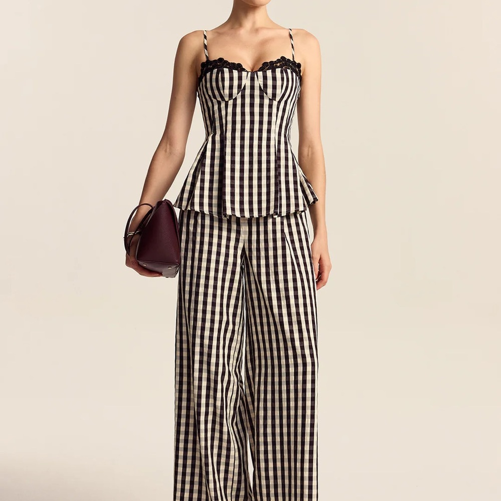 Gingham Spaghetti Strap Peplum Top with Lace Trim - Two-Piece Set with Wide Pant